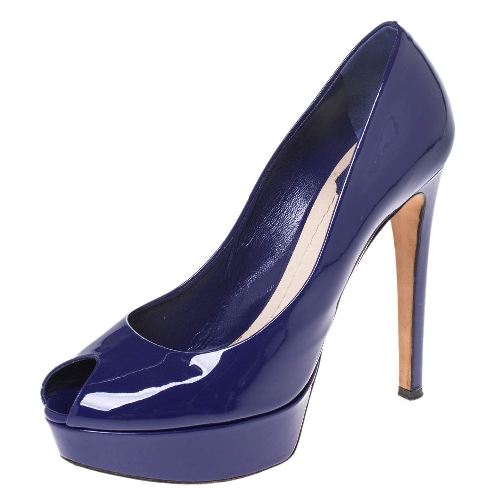 Dior Miss Dior Peep Toe Platform Pumps - Blue Patent Leather, Size 40.5